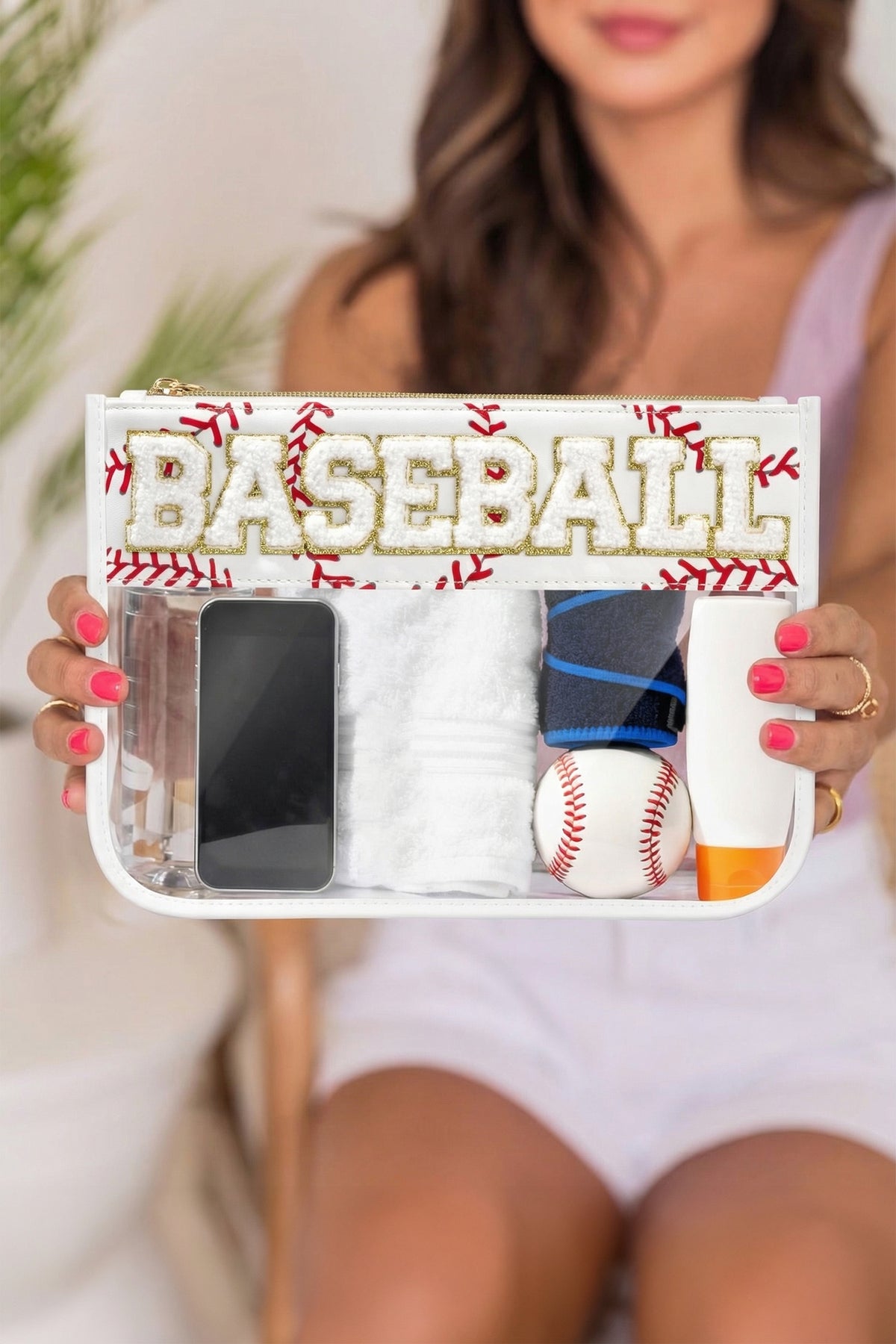 Color black SOCCER Chenille Letter Patch Game Day Stadium Clear PVC Cosmetic Bag