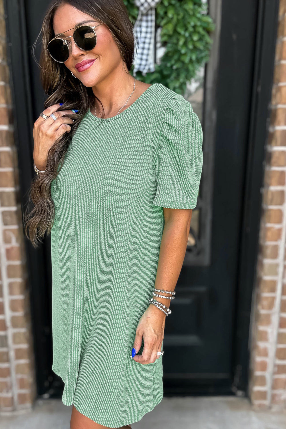 Parchment Corded Knit Crew Neck Puff Sleeve Shift Mini Dress