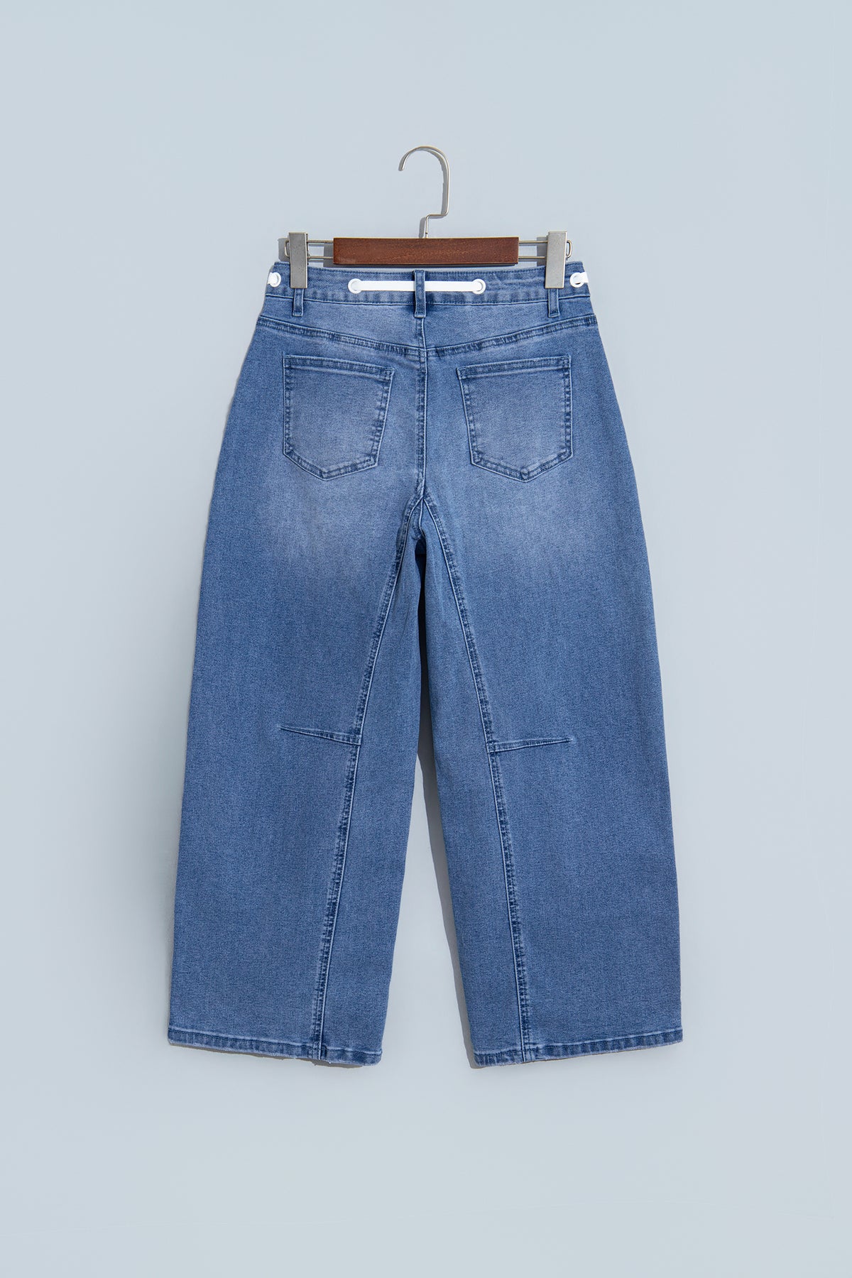 Beau Blue Solid Patchwork Grommet Tie Waist Loose Ankle-Length Jeans