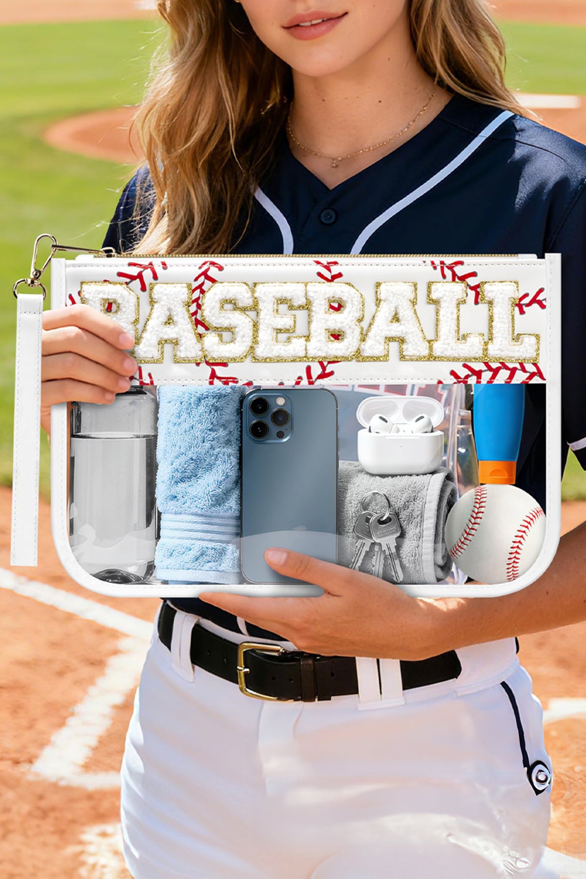 Color black SOCCER Chenille Letter Patch Game Day Stadium Clear PVC Cosmetic Bag