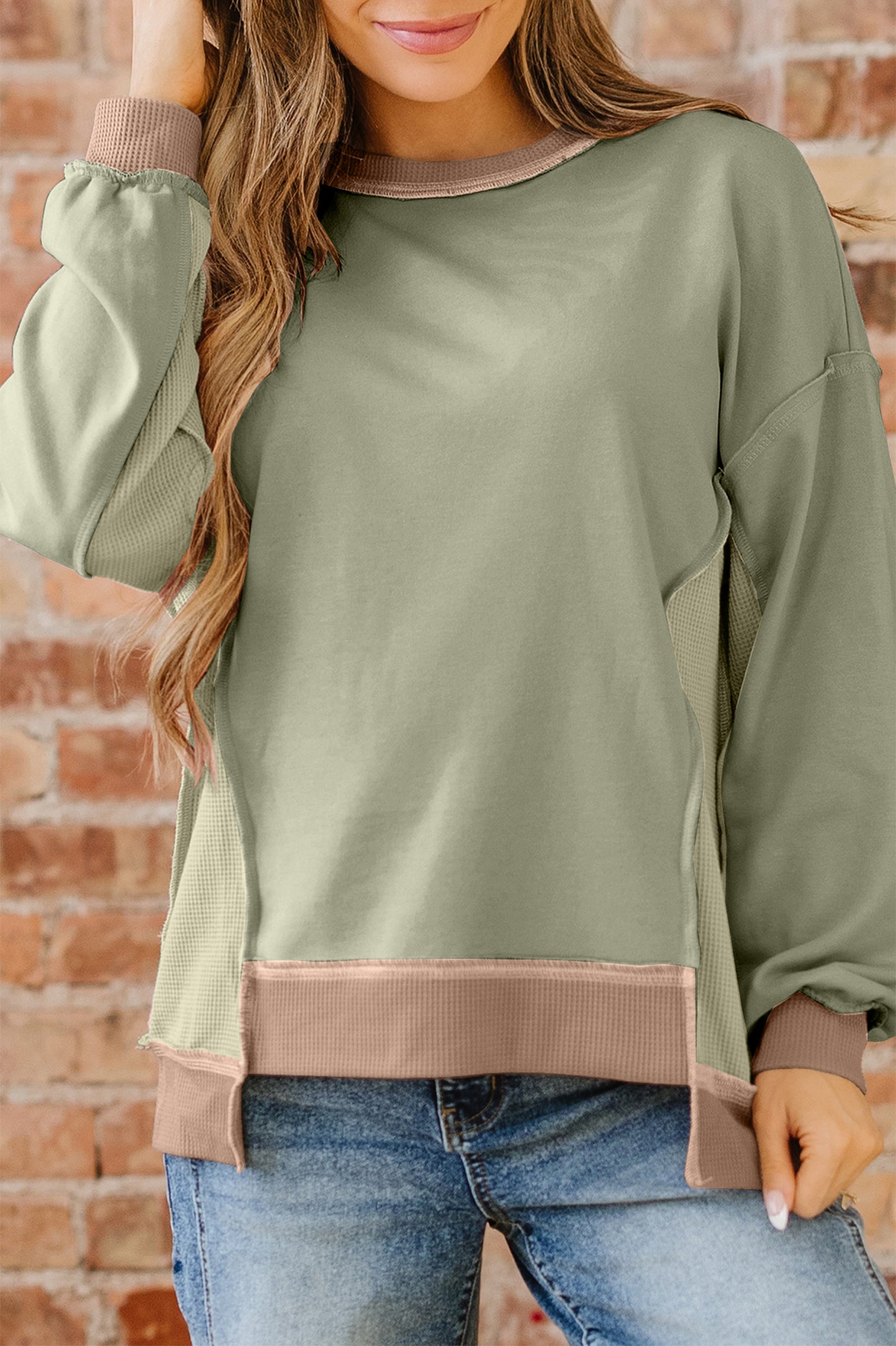 Smoke Green Color Block Mix Texture Waffle Patchwork Oversize Sweatshirt