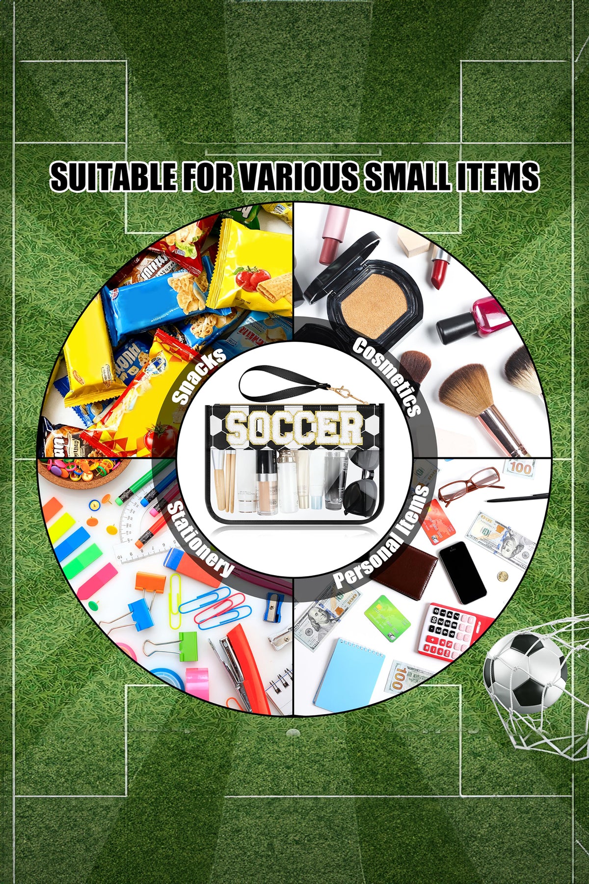 Color black SOCCER Chenille Letter Patch Game Day Stadium Clear PVC Cosmetic Bag
